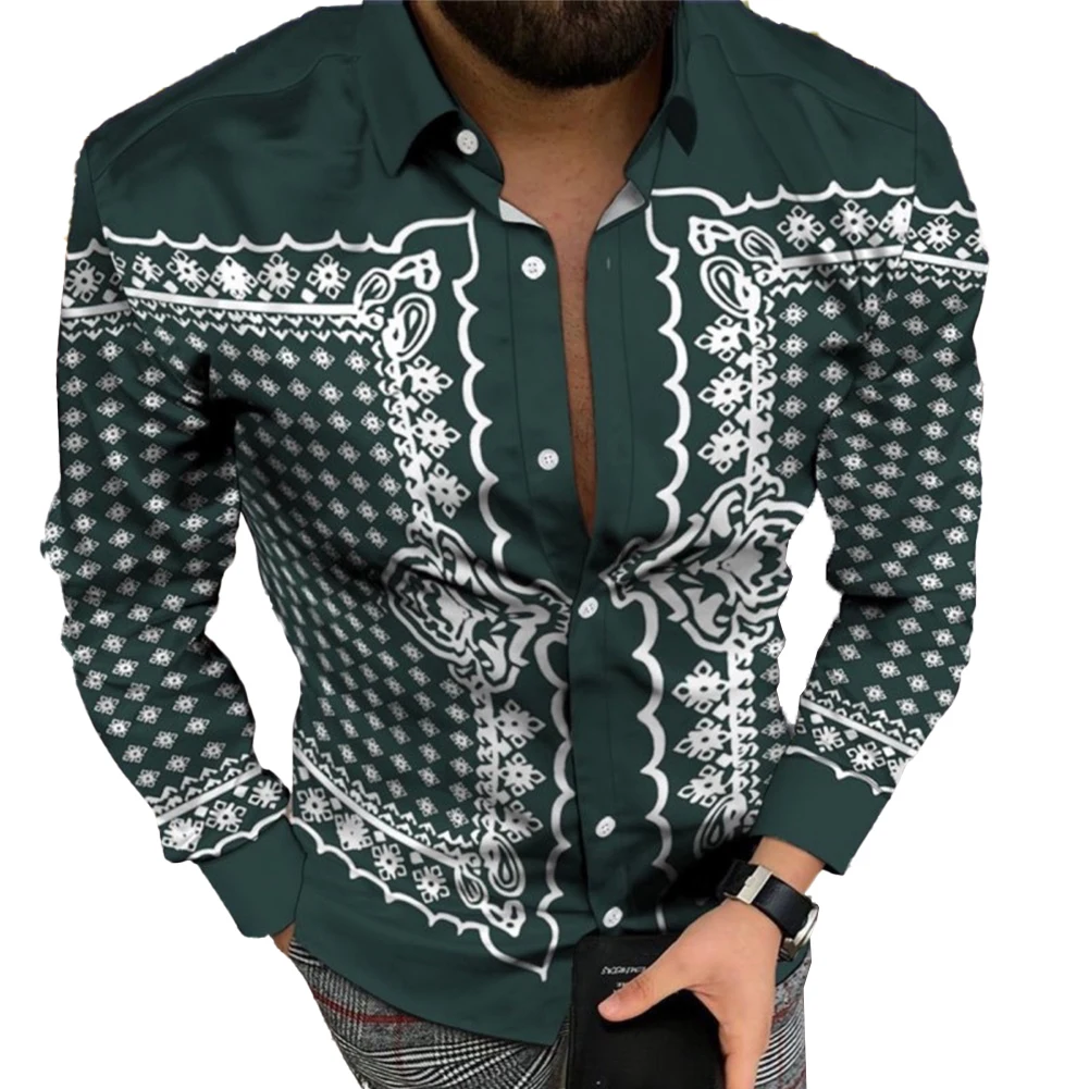 

Lapel 1*Shirt Band Collar Button Down Men's Dark Green Baroque Print Shirt with Lapel Collar and Button Down Design