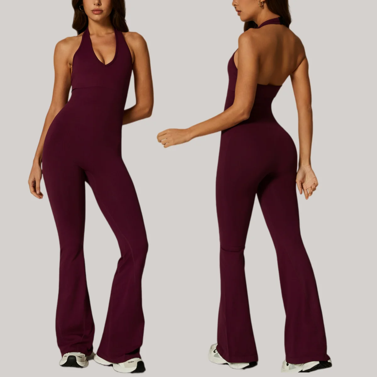 One piece yoga jumpsuit women flared rompers Halter neck backless sleeveless bodysuits Sexy workout outfits gym suit activewear