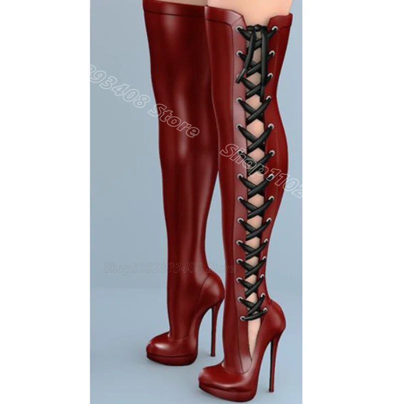 

Red Cross Band Over Knee Boots Round Toe Solid Stiletto Heels Fashion British Style Party Spring Women Boots Zapatos Para Mujere