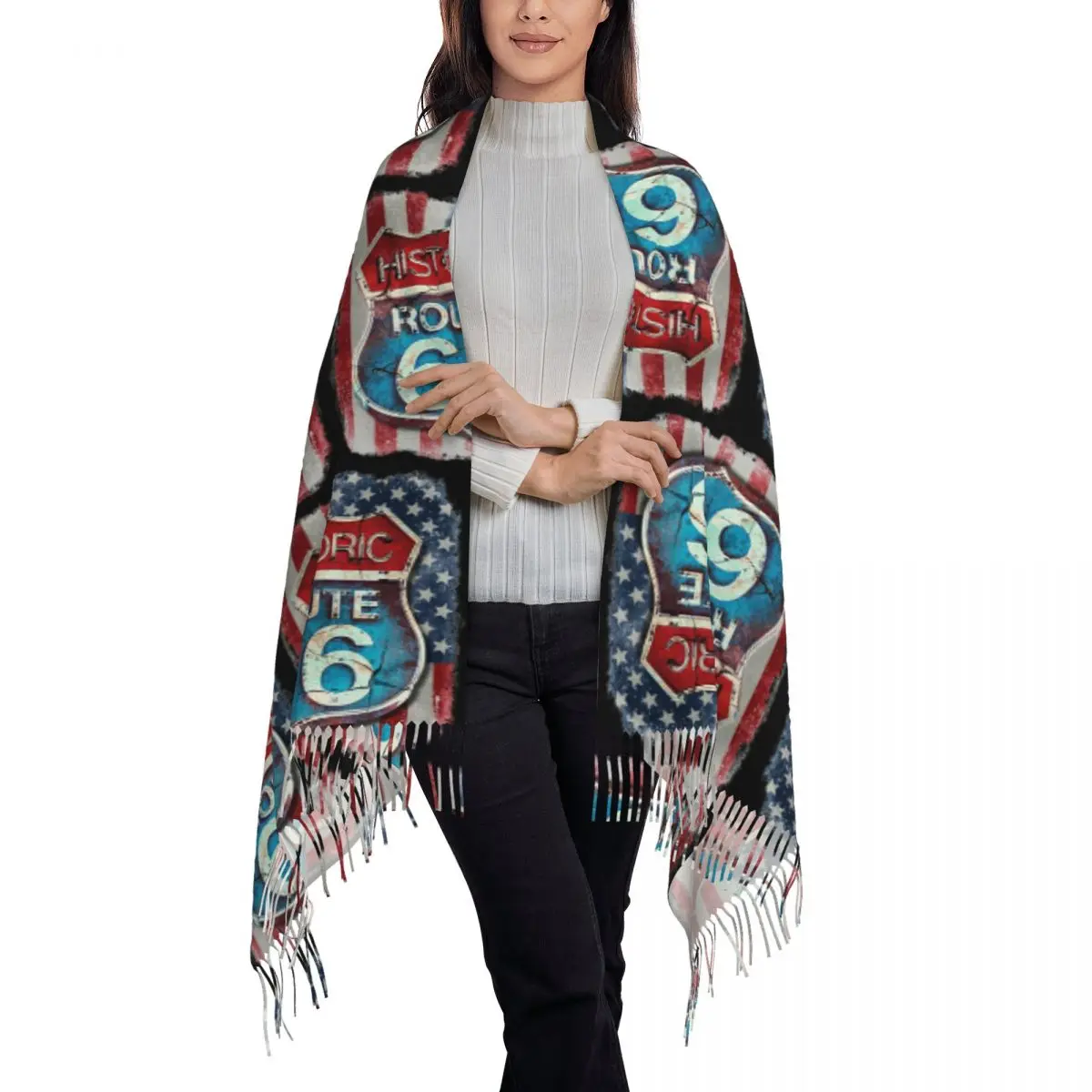 Get Your Kicks On Route 66 Sign With The American Flag Scarf Tassel Scarves Women Soft Warm Shawls and Wraps Winter Shawl Wrap