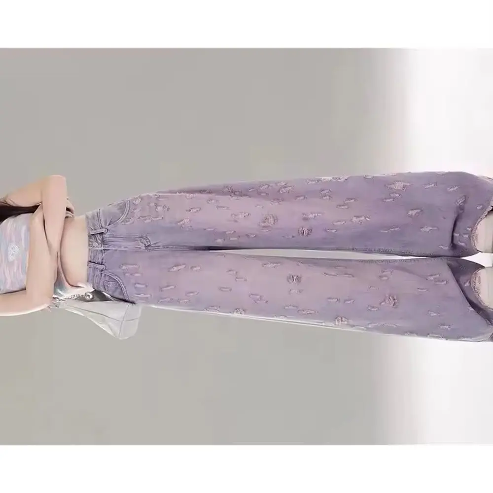 Women Spring Summer New Hole Design Sense Floor-Length Pink Purple Long Trousers Fashion High Waist Wide Leg Denim Jeans Ladies