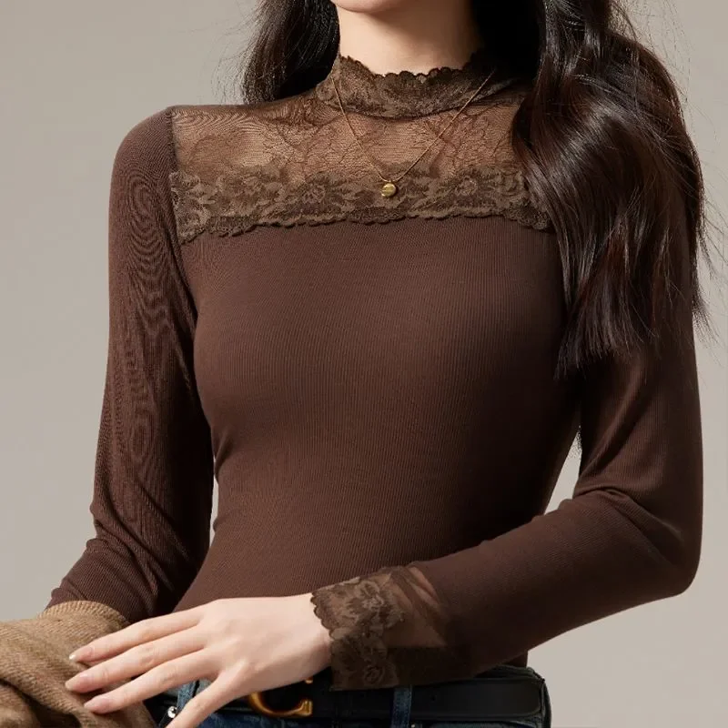 

2025 New Lace Bottoming Shirt Women's Autumn and Winter Half Turtle Collar Threaded Slim Long Sleeve Lace Shirt Mesh Top
