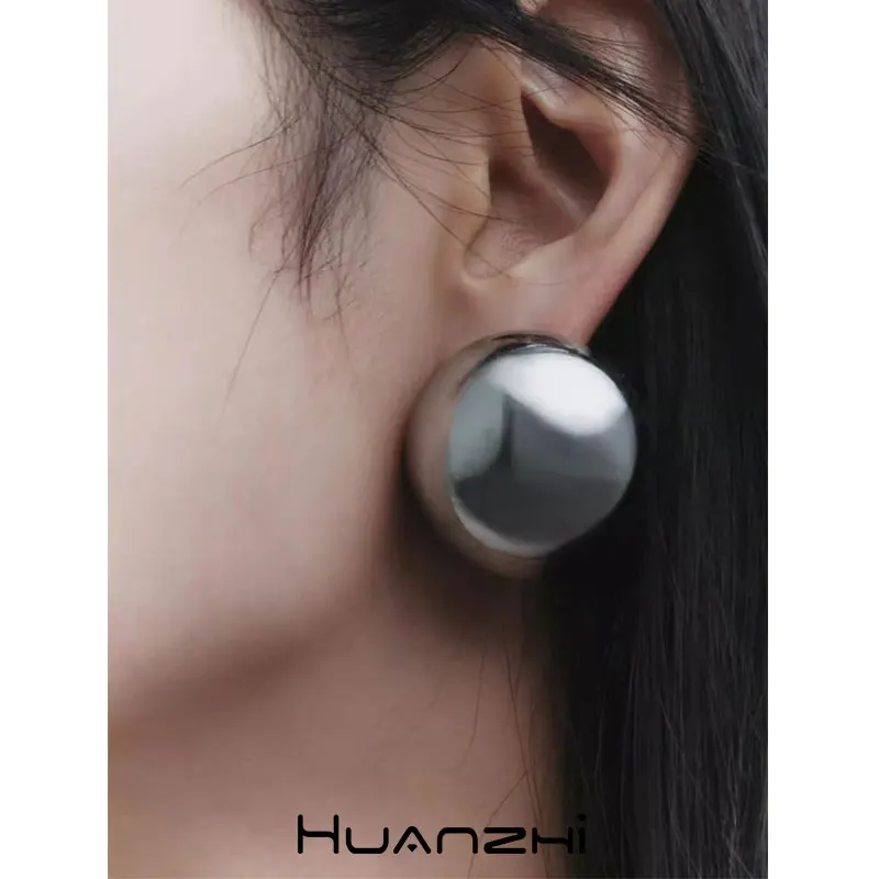 Simple Light Round Hemisphere Gold Color Silver Color Metal Earrings for Women Girl Exaggerated Trendy Jewelry HUANZHI 2023 NEW