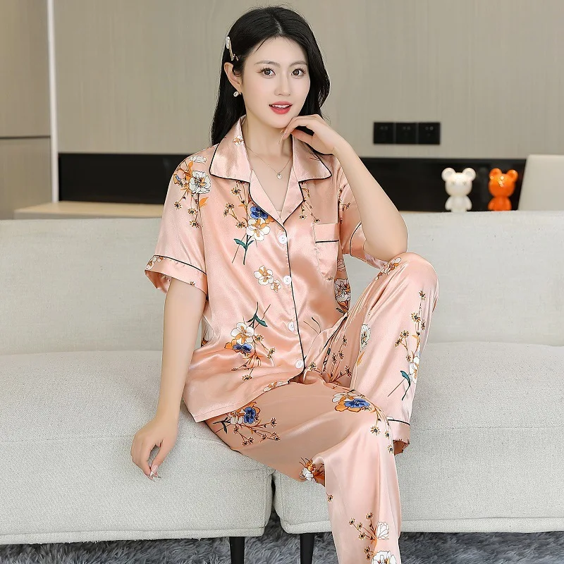 Ice Silk Pajamas Women's Summer High-end Short Sleeve Trousers Set Cardigan Faux Silk Coat Pants 2PCS Sleepwear Loungewear Suit