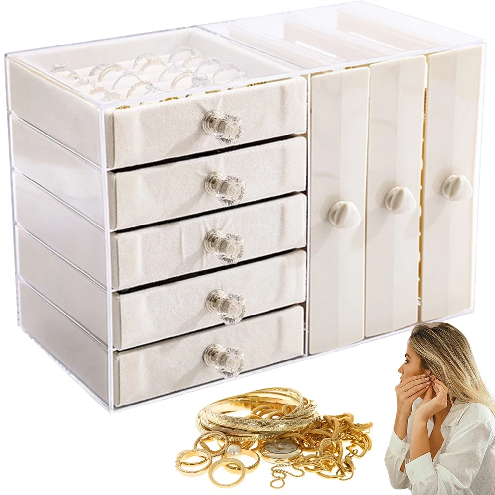 Soporte organizador de joyas, soporte de exhibición de collares multifuncional con 4 cajones, caja de almacenamiento de pendientes, regalo de gran capacidad para niñas