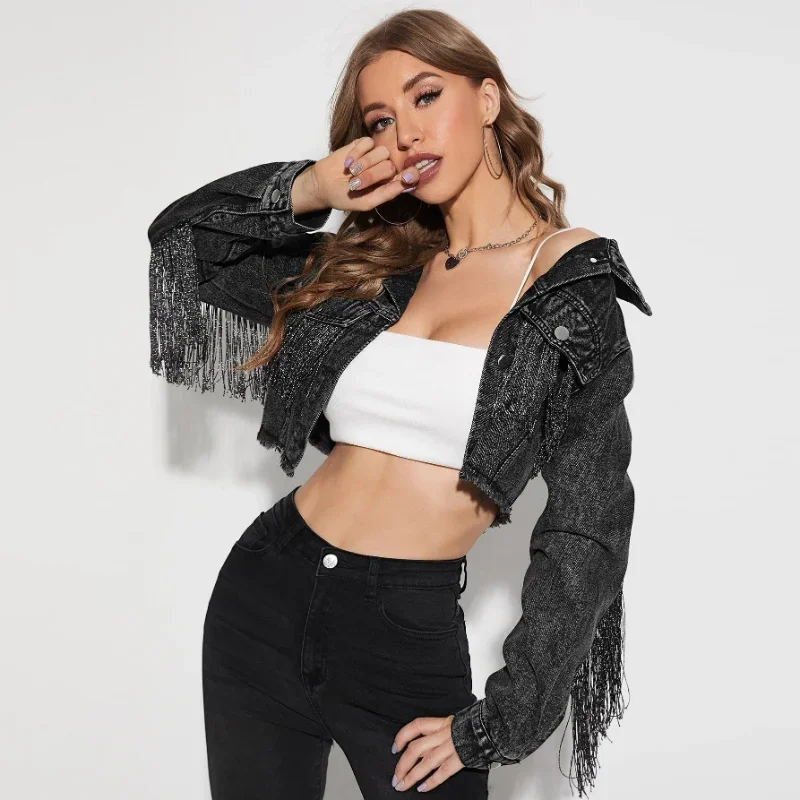 

NEW Cowboy Jacket Women's Fashion Tassel Stitching Sexy Ripped Denim Coat Retro Casual Short Long Sleeve Streetwear Jean Jacket