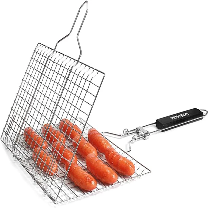 Grill Basket Folding Portable Stainless Steel BBQ Grill Basket With Handle for Fish Vegetables Shrimp Cooking Accessories