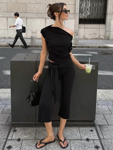 Hugcitar High Waist Solid Bandage Ruched Sexy Women'S Capri Flare Pants Summer Female Fashion Clothes Streetwear Holiday Sport