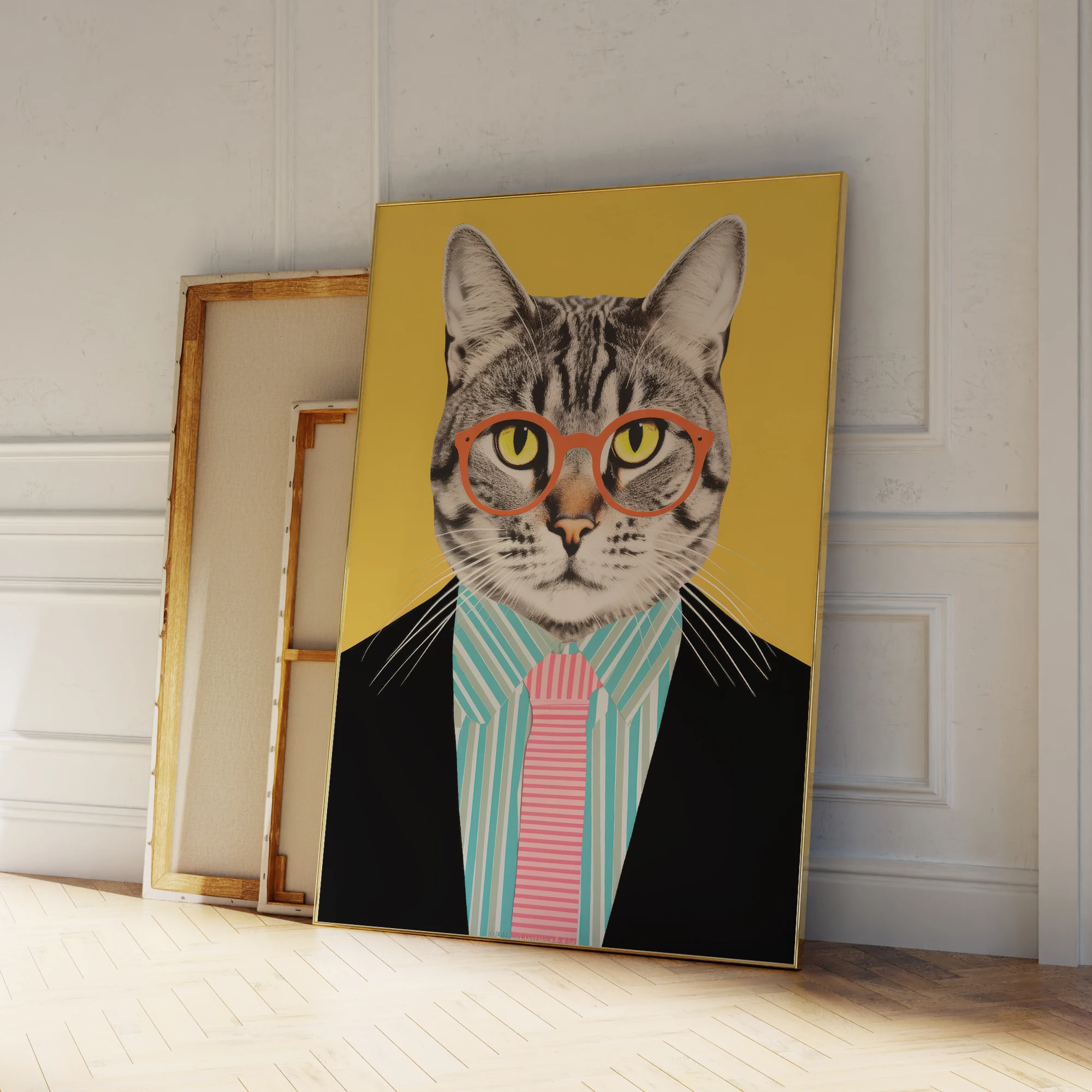 Moderne gelbe lustige Katze Anzug tanzende Brille coole Tier Wand Kunstdrucke Leinwand Malerei Poster Bild Wohnzimmer Home Decor