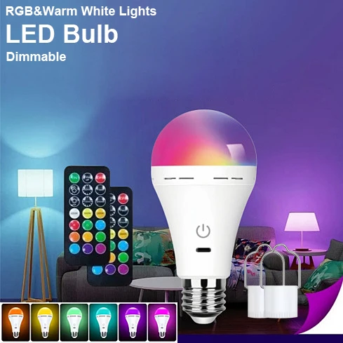 RGB Color Rechargeable Light Bulb Led Bulb Dimmable E27 Bulbs with Timing Cordless Battery Operated Light Bulb for Camping