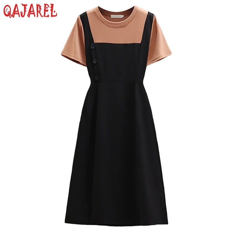 2024 Nieuwe Zwarte Patchwork Nep Tweedelige Jurk Zomer Korte Mouw Elegante Bodycon Jurk Vrouwen Koreaanse Vintage Casual Feestjurk