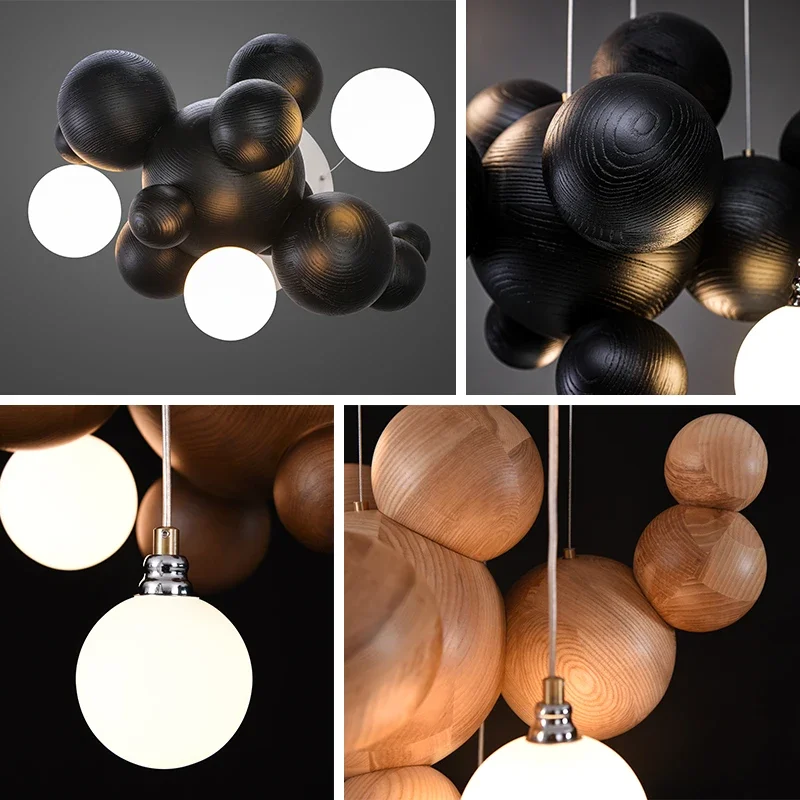 Designer's Solid Wood Pendant Light Creative Art Kitchen Restaurant Hanging Lamp New Chinese Hotel Wooden Ball Bar LED Lighting