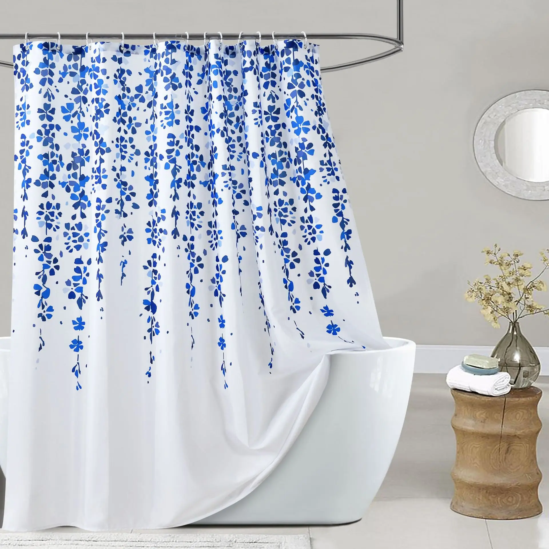 

Shower Curtain Floral Print Polyester Fabric White Bathroom Curtain Farmhouse Waterproof Mildew Proof with Hooks 200cm Classic