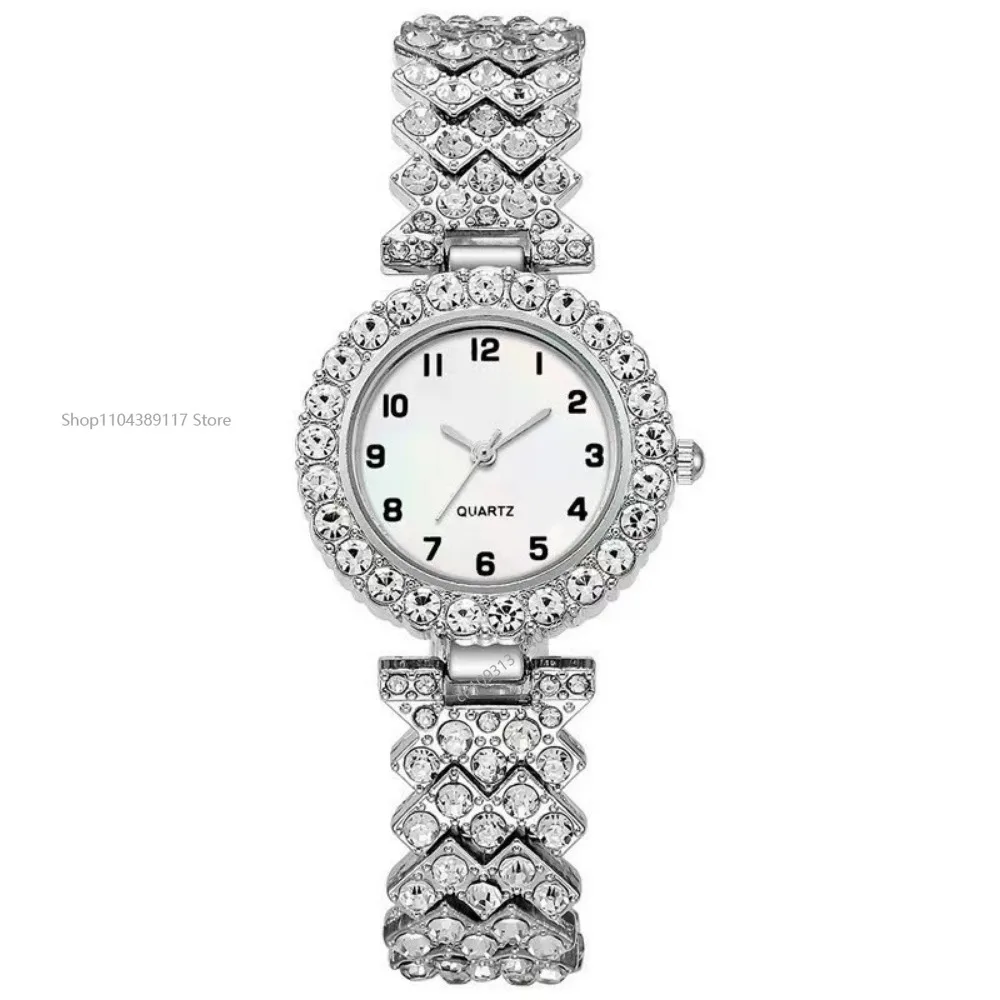 2025 2 шт. Роскошные модные женские часы, комплект серебряного ремешка, женские кварцевые наручные часы, браслет из сплава для дам, комплект ювелирных изделий, часы в подарок