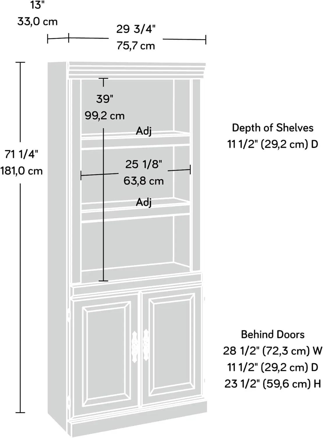 Heritage Hill Library met deuren/boekenplank, L: 29,80" x B: 12,99" x H: 71,26", klassieke kersenafwerking