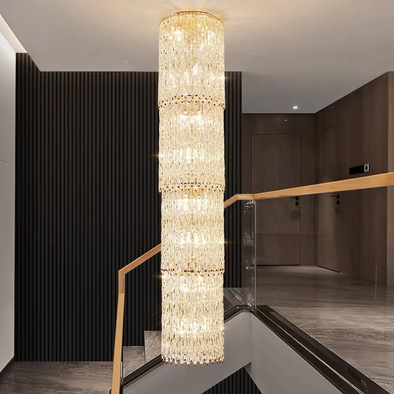 

Villa Living Room Luxury Crystal Staircase Light Duplex Building Crystal Long Cantilever Mezzanine Lobby American Led Chandelier