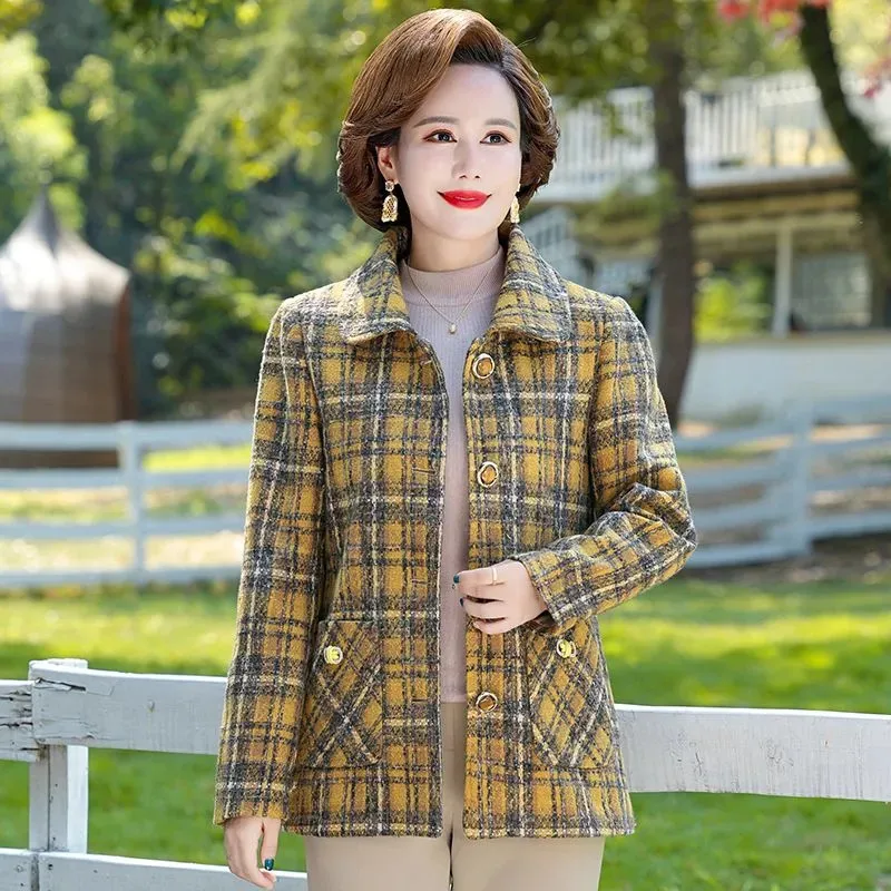 

2023 Spring Autumn Woolen Coat Women's New Top Middle-Aged Woolen Jacket Fashion Middle-Aged Mom Coats Female Lattice Outwear