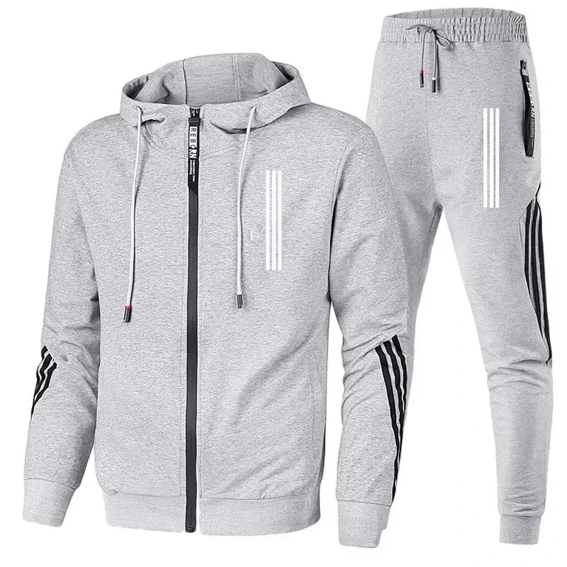 2024 Spring and Autumn Men\'s Hoodie+pants 2-piece set, three-layer diagonal sports jacket, zippered track and field men\'s fitnes