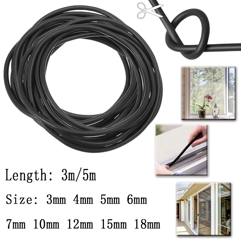 Black EPDM Rubber Foam Sealing Strip Round, 2-18mm for DIY, Cabinet Door, Window, Car, RV, Waterproof Soundproof Insulation Tape