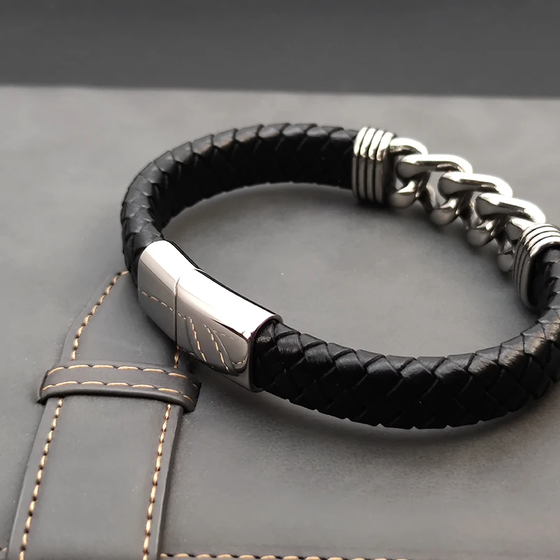 MingAo Luxury Chain Leather Braid Men Bracelet Stainless Steel Buckle Business Men\'s Bangles for Friend Partner Lovers Gift