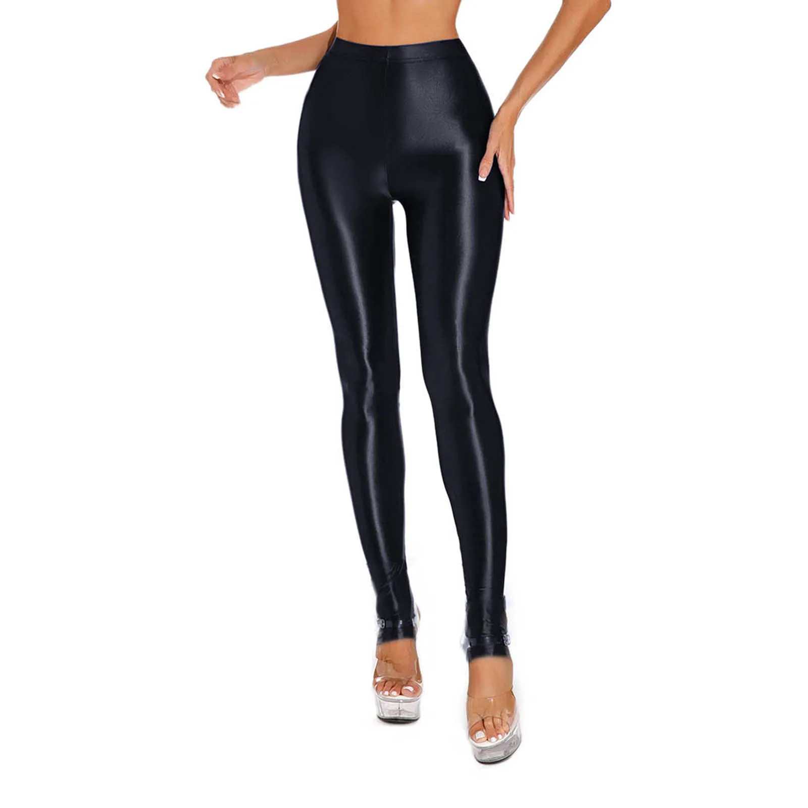 Womens Shiny Glossy High Waisted Stirrup Leggings Tights Gymnastics Workout Yoga Pants Tummy Control Sports Trousers