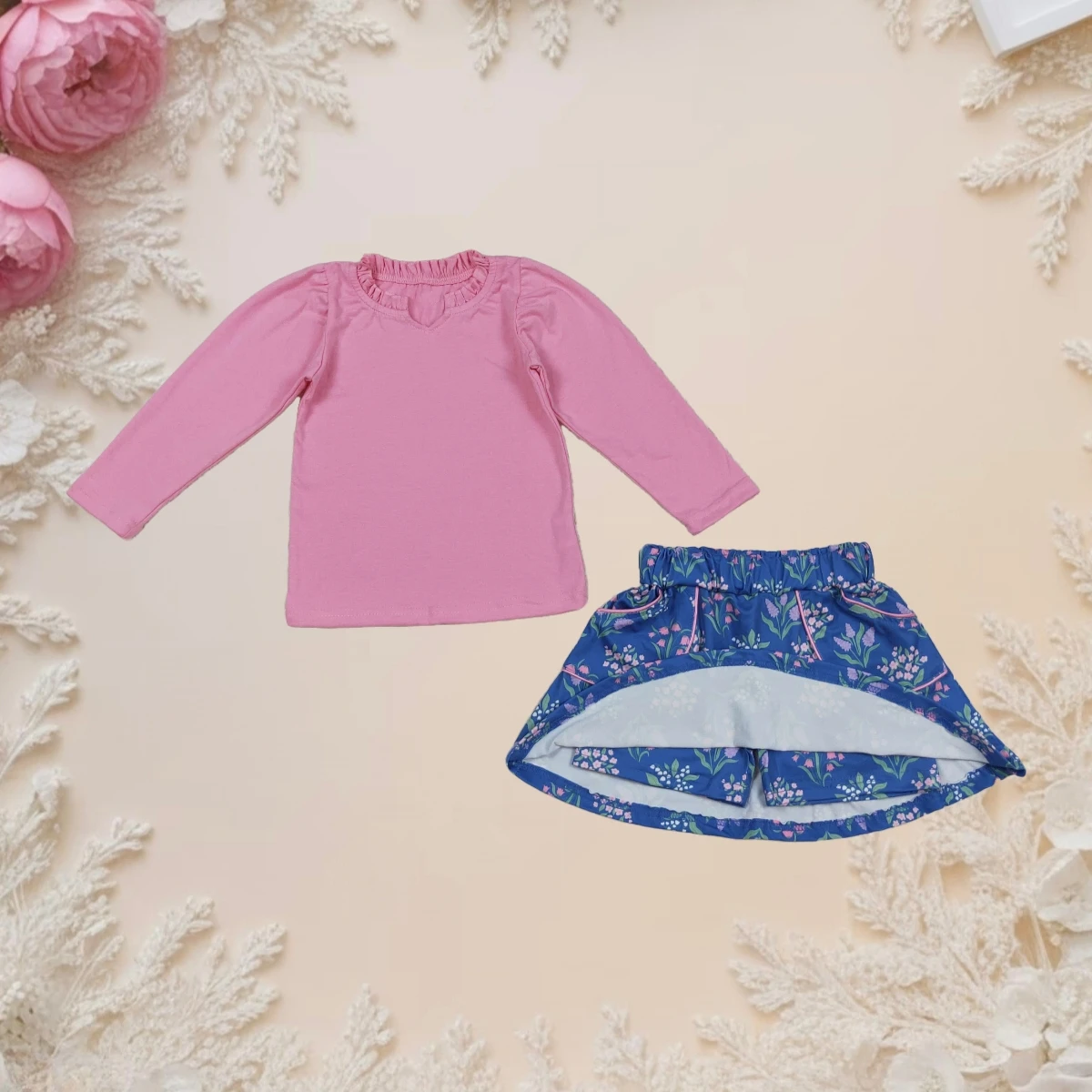 

Hot Sale Baby Girl Outfit Toddler Kids Clothes Set Long Sleeve Pink Shirts Top Floral Pockets Skirts Shorts Children Casual Wear