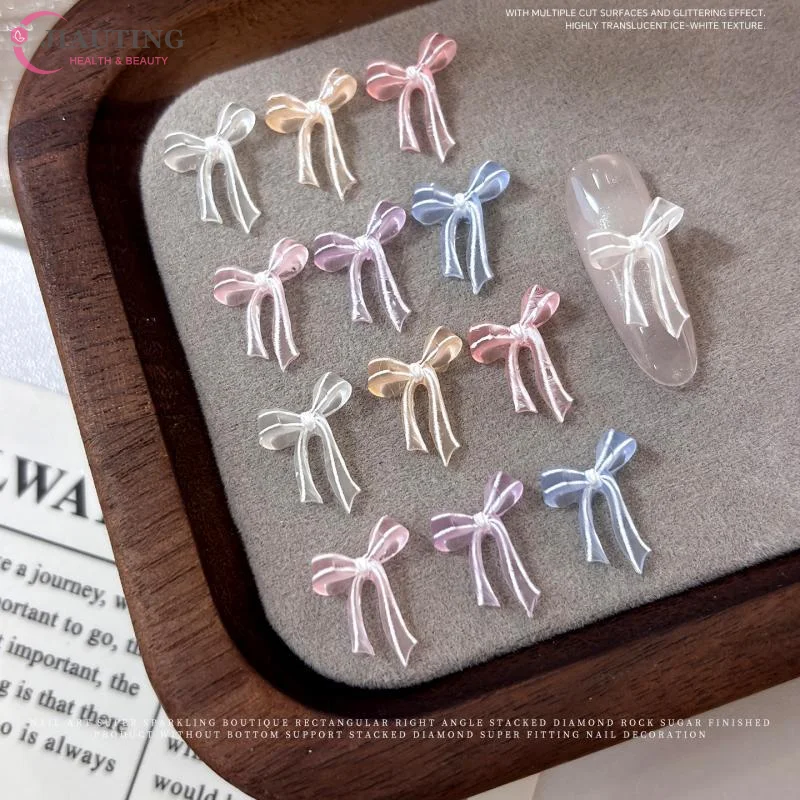 40 Pcs Soft Sculpted Clear Bow Nail Art Jewelry Mixed Jelly-colored Matte Ribbon Bowknot Wearable Nail Decorations DIY Manicure