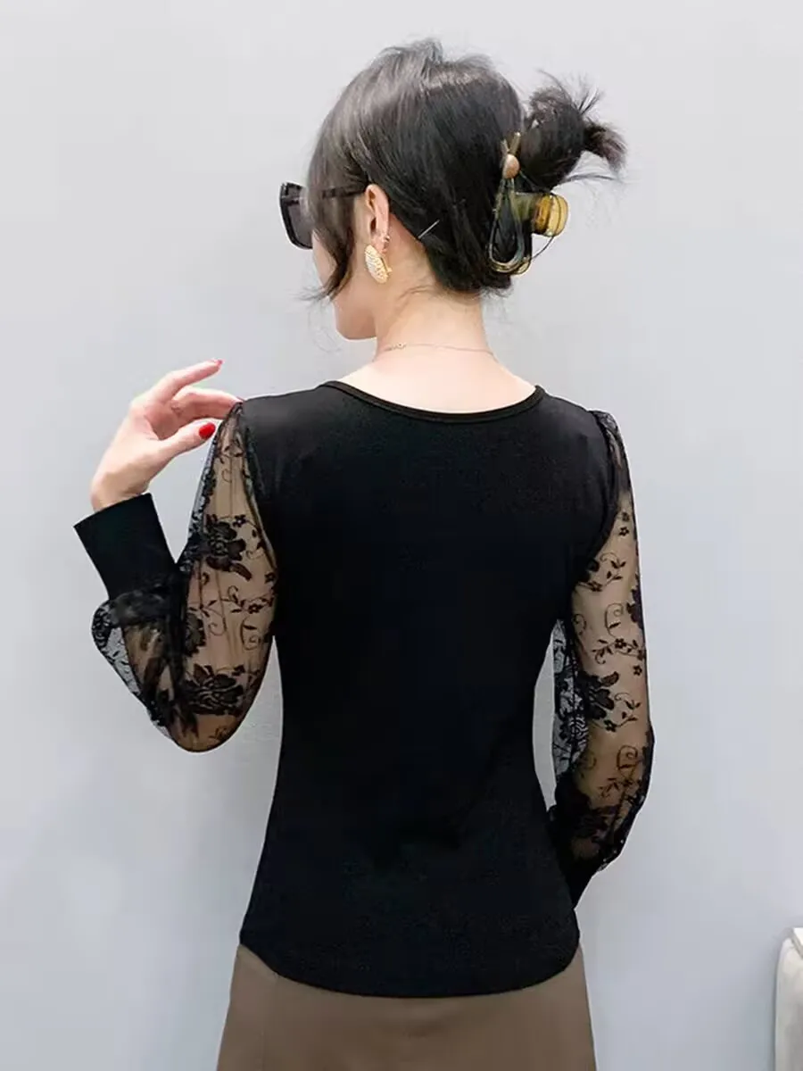 2025년 프렌치 스타일 다이아몬드 세트 프린트 플라워 티셔츠 가을 겨울 여성 우아한 레이스 아트 여성용 코튼 통기성