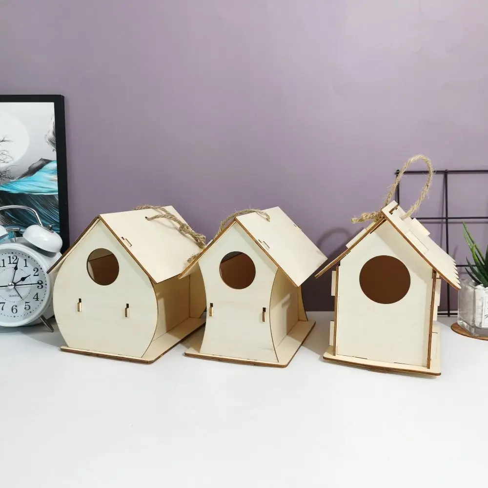 

3pcs Bird Villas Wooden Bird Nest Minimalist Cartoon Bird Cage DIY Hanging Bird House Garden