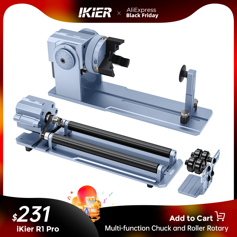 iKier R1 Pro Multi-function Chuck and Roller Rotary for Cylindrical Ring Compatible with 95% engraving machines