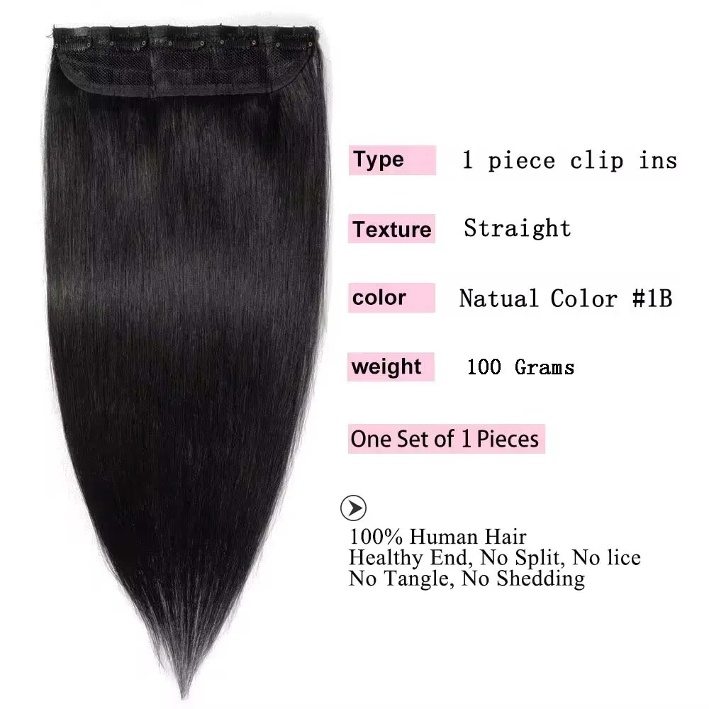 Clip in Human Hair Extensions One Piece 5 Clips 100% Real Human Hair Straight Soft One Piece Natural Human Hair Extensions 100g