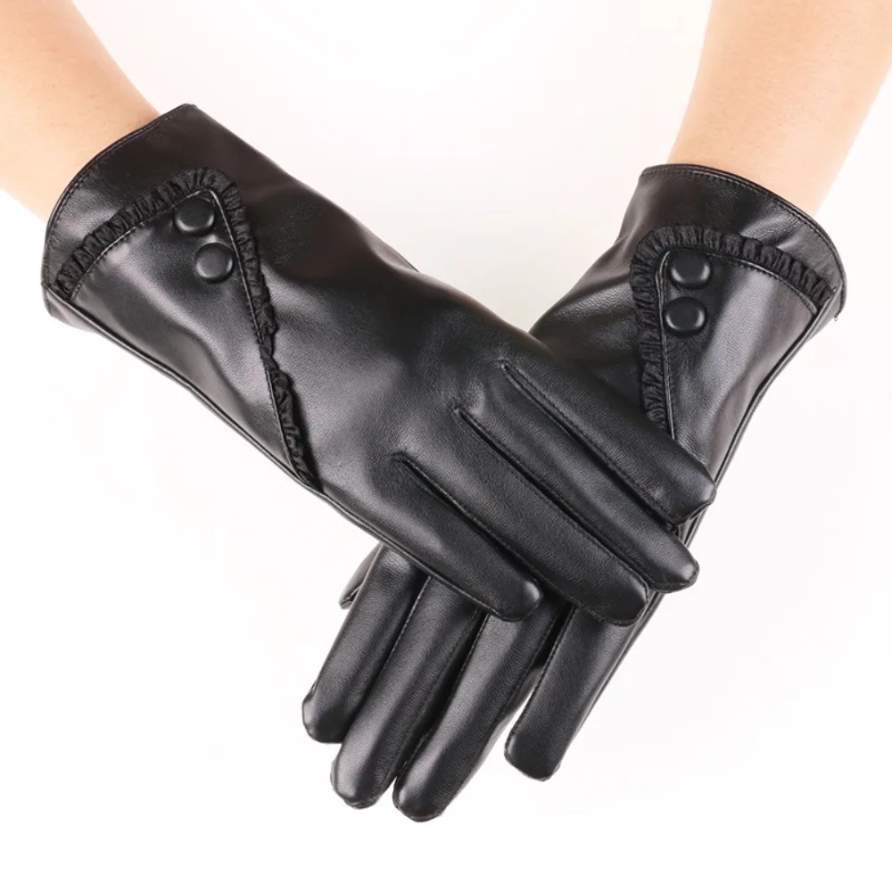 Fashion Winter Warm Touchscreen Gloves Thermal Lined PU Leather Lace-trimmed Gloves Windproof Black Outdoor Cycling Gloves