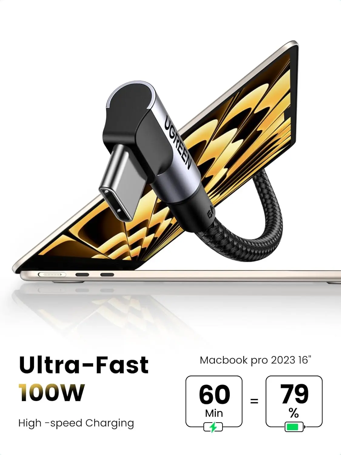 UGREEN Right Angle USB-C to USB-C 100W Fast Charging Cable Nylon Braid Jacket Aluminum Core for iPhone 17/Pro/16 MacBook Pro