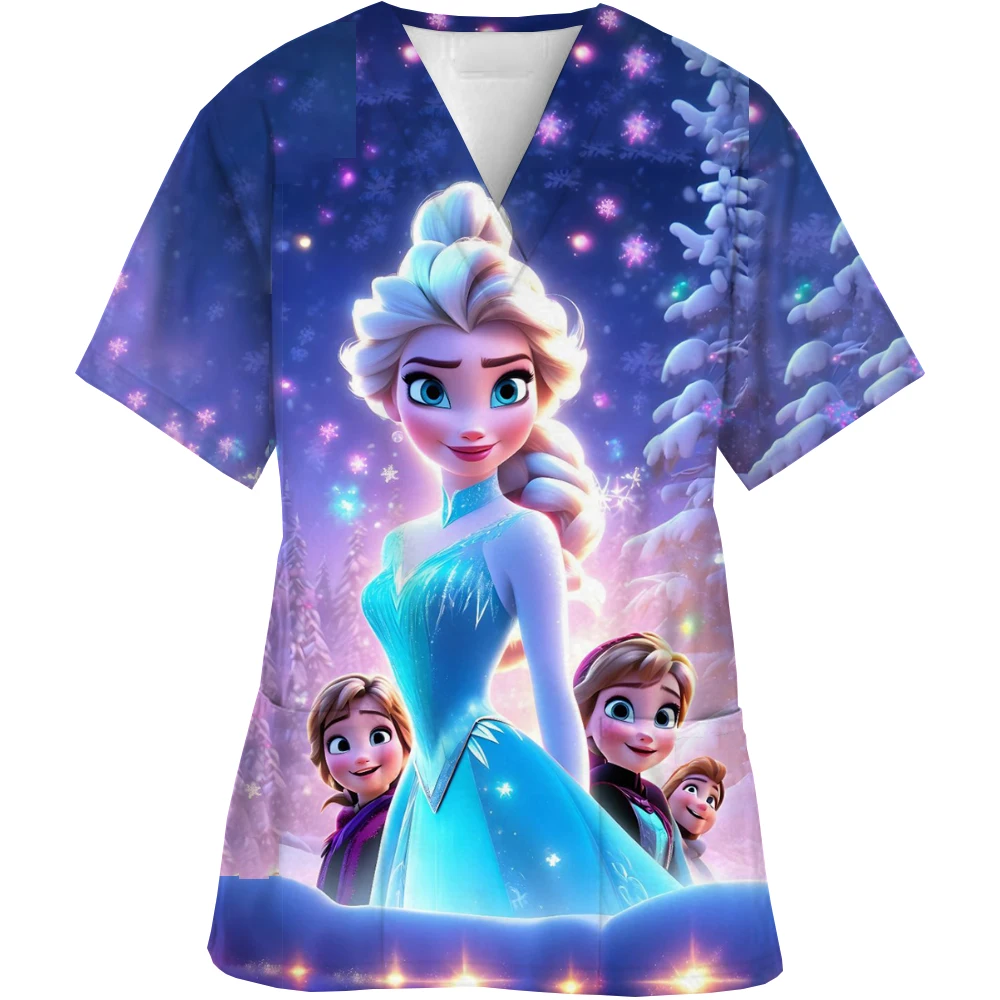 Disney Princess Pocket Women's V Neck Nurse Uniform T-Shirt Summer Short Sleeve 2024 Y2k New Dress Kawaii Woman Clothing S-3XL