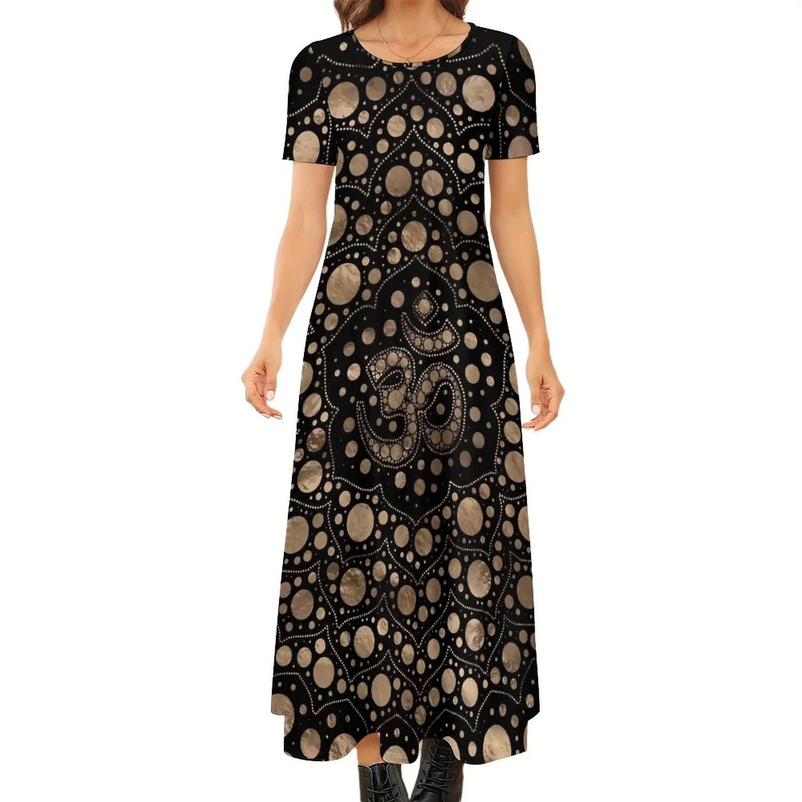 

Gold Dot Art Dress OM Symbol Vintage Maxi Dress Aesthetic Bohemia Long Dresses Women Short Sleeve Oversize Clothes