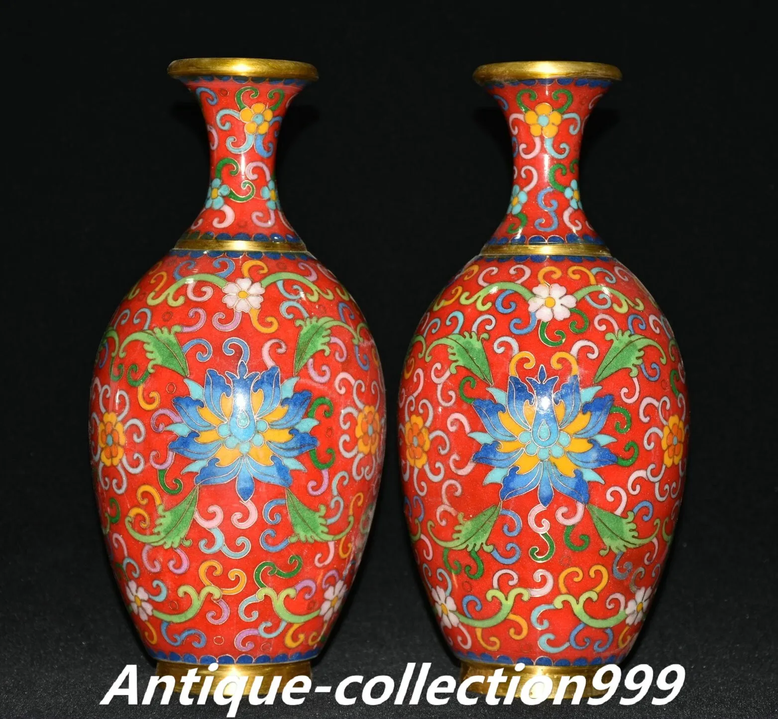 

9.4 inch Qing Qianlong cloisonne enamel gold-plated feng shui lotus vase pair - gilt brass