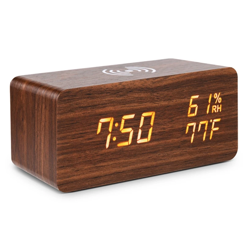 Digital Alarm Clock, Temperature And Humidity Alarm Clock LED Electronic Clock Smartphone Wireless Charger