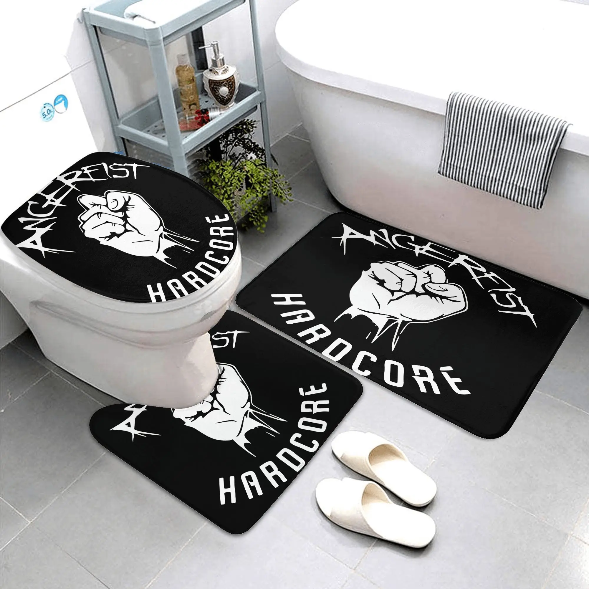 

3pcs Bathroom Rug Set with Angry Fist Patterns, Toilet Seat Cover, Toilet U-Shaped Mat. Made of Soft Flannel, Non-Slip And Machi