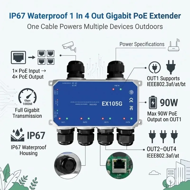 Waterproof Single Port PoE Repeater 90W IEEE802.3af/at/bt Gigabit 1in 4 Network Extender For Outdoor Security CCTV Camera