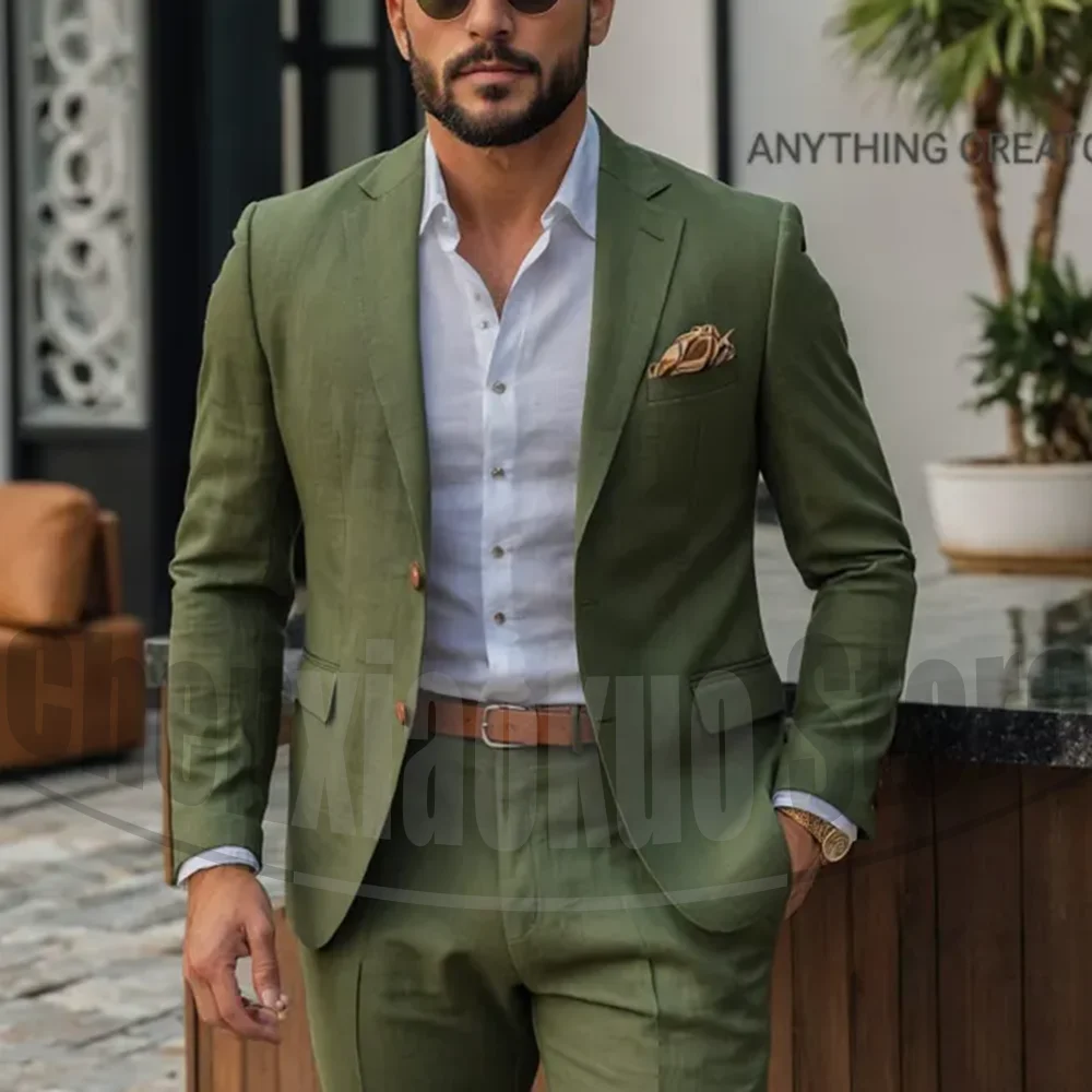 

Зеленые льняные мужские костюмы, новая мода, однобортные наряды с лацканами, высококачественные смокинги для жениха, лучшие мужские свадебные костюмы, комплект из 2 предметов