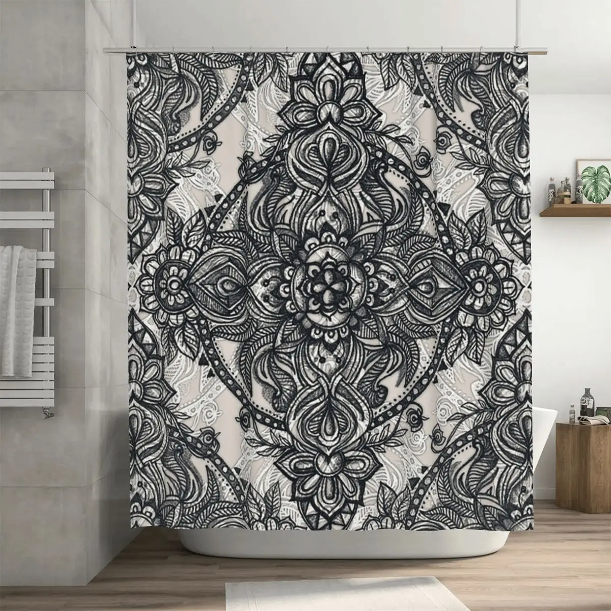 

Водонепроницаемая полиэстеровая шторка для душа с крючками, с рисунком угольных кружевных узоров и карандашных набросков