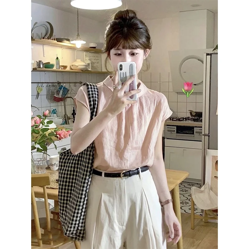 

Retro Sle Thin ort Sve Pink irt Women's Summer Ele Sweet Youthful Versatile Cute Doll Collar Top Faionable Cas...