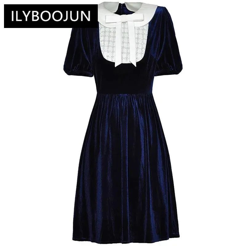 

ILYBOOJUN Fashion New Women's Peter Pan Collar Bow Short-Sleeved Sequin Nail Beads High-Waisted Velvet Vintage MIDI Short Dress