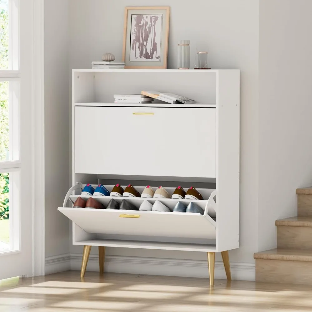 

Shoe Cabinet Storage for Entryway, Freestanding Slim Shoe Organizer Cabinet with 2 Flip Drawers, Narrow Shoes Rack with