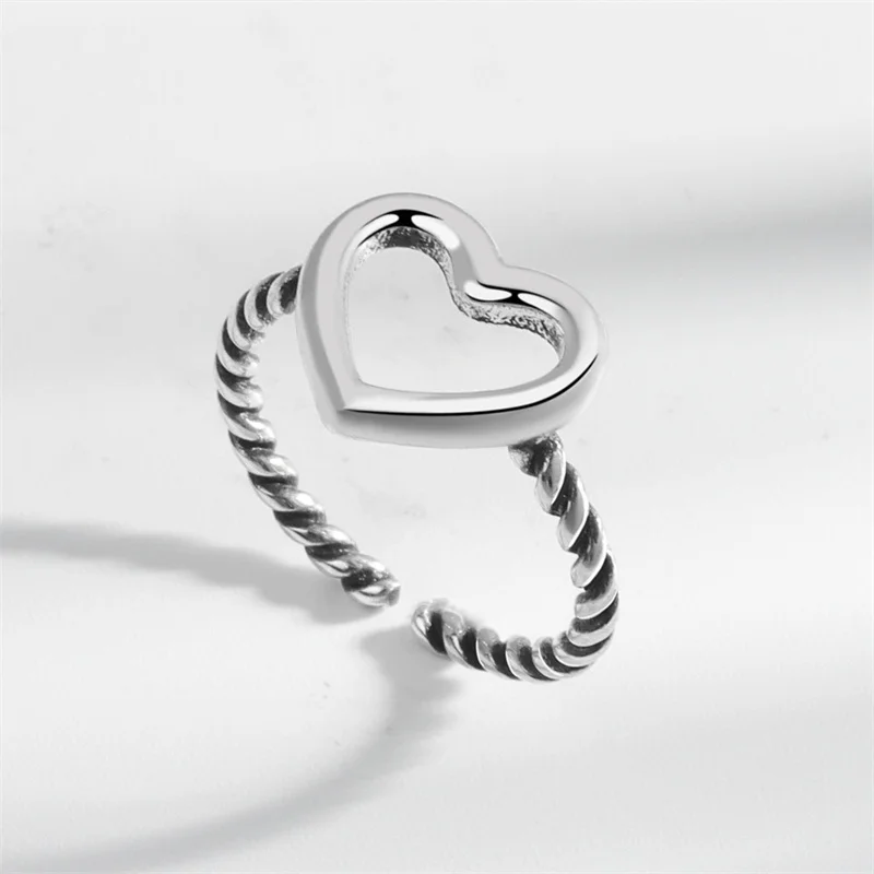 925 Sterling Silver Black Heart Geometry Adjustable Rings For Women Index Finger Ring Fashion HipHop Jewelry Accessories
