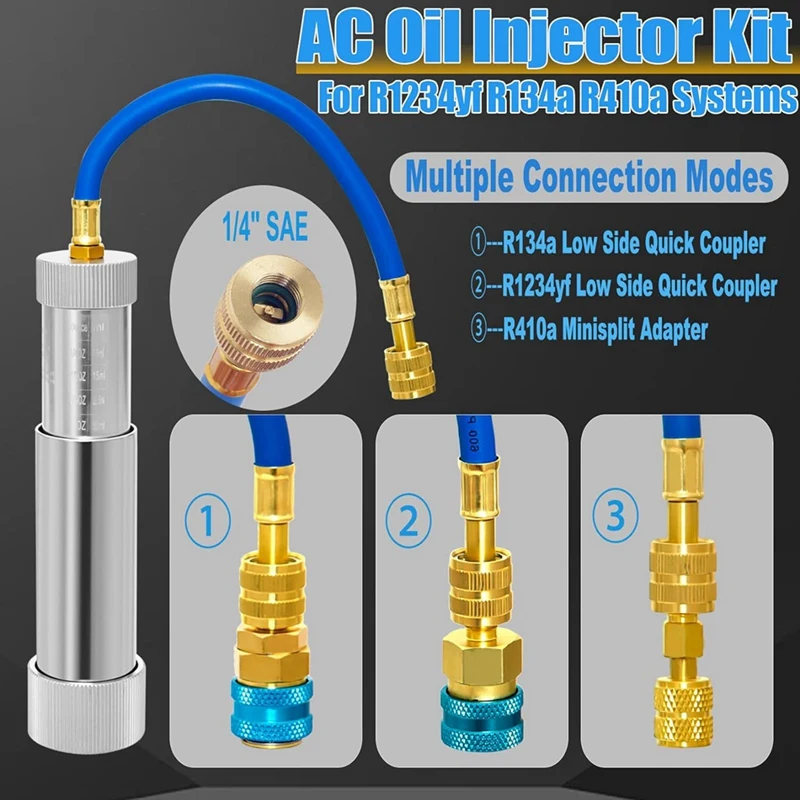 AC Oil Dye Injector Backflow Prevent Kit, With R134A & R1234YF Low Side Quick Coupler, R410A Mini Split Adapter