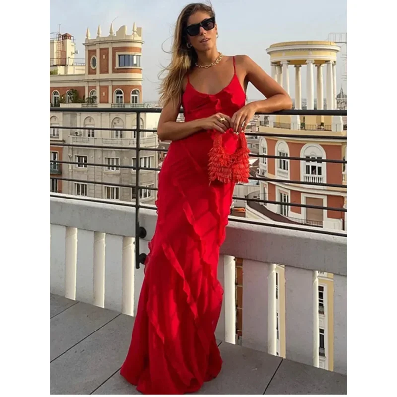 جينا-فستان طويل أنيق للنساء ، مثير ، مكشوف الظهر ، دانتيل ، كشكشة ، أحمر ، فستان سهرة ، فستان حفلة ، جديد ، صيف ،