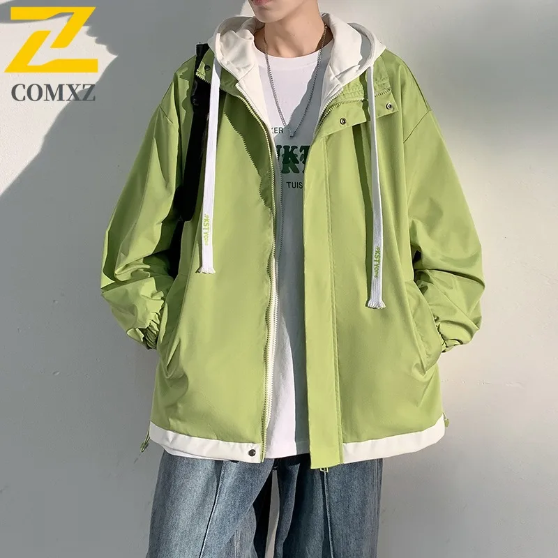 

COMXZ Spring Autumn Hooded Jacket Men American Vintage Fake Two Piece Workwear Coat
