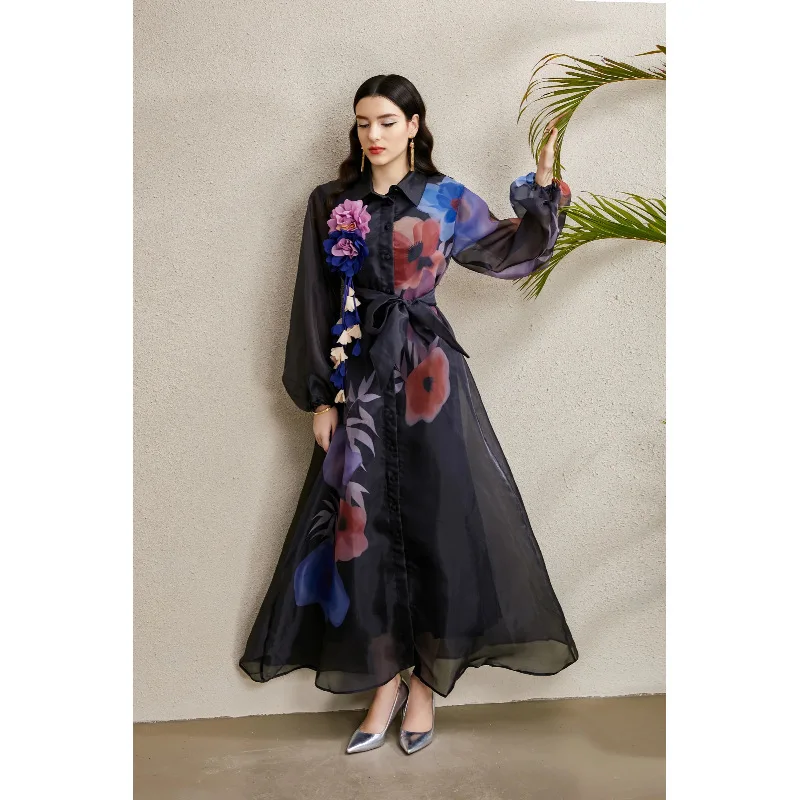 KAROLINA2025 Début de l'automne imprimé floral Long Dr col montant lanterne Sve Holiday Street Sle taille mi haute Thiened W...