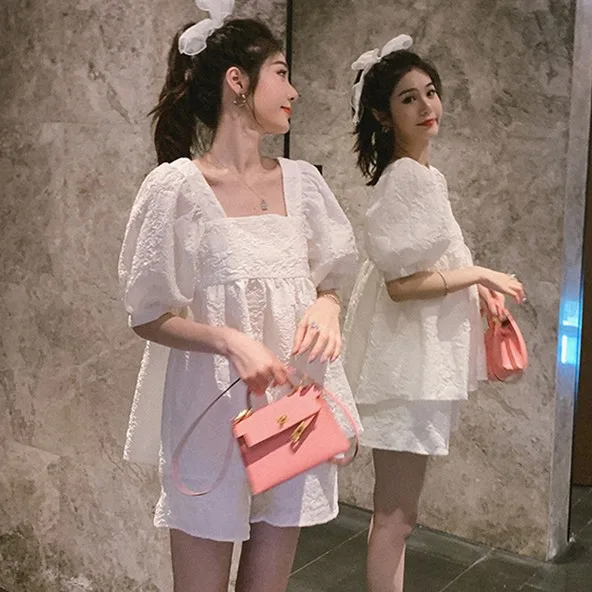 Summer Pregnant Woman Clothes Set Solid Color Puff Sleeve Square Collar Shirts+Belly Shorts Twinset Maternity Fashion Loose Suit